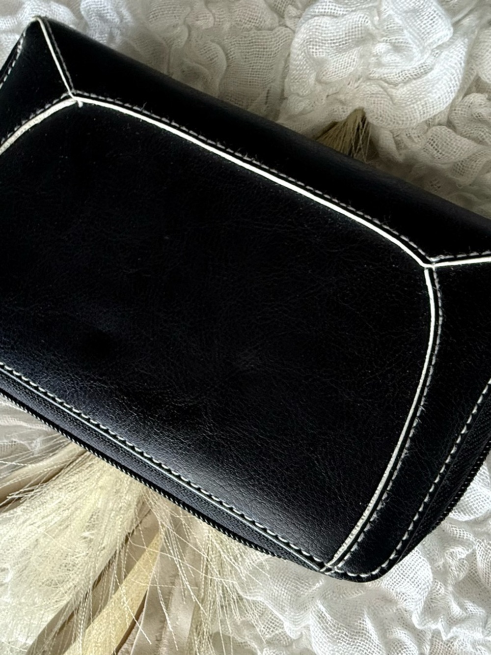 Black Leather Zip Wallet with White Contrast Stitching